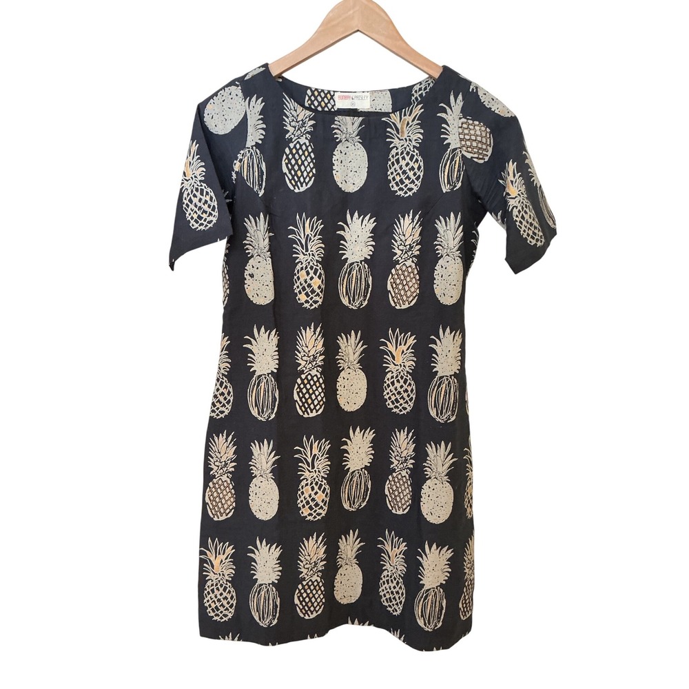 Bombay Paisley Navy Blue Pineapple Print Cotton Linen Shift Dress XS - Picture 2 of 8